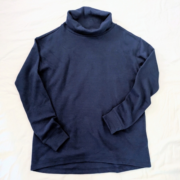 Lands End Women's Long Sleeve Waffle Funnel Neck Top Tshirt Dark Blue Size Small - Picture 2 of 9